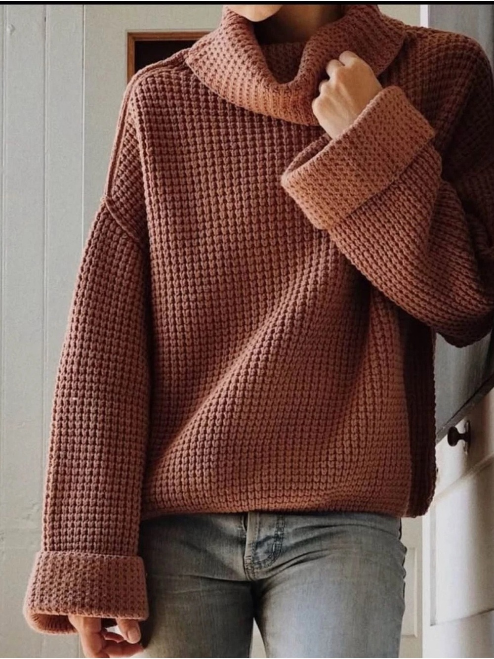 Free People Park City Waffle Knit Sweater Medium M Orange Burnt Pullover